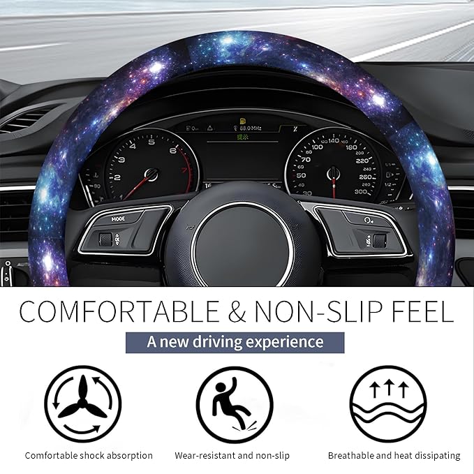 Steering Wheel Covers for Car, Truck, and SUV, Cute Non-Slip Breathable Elastic Steering Wheel, Car Accessories, Universal 15 Inch Leather Cover for Men Women Galaxy Pattern