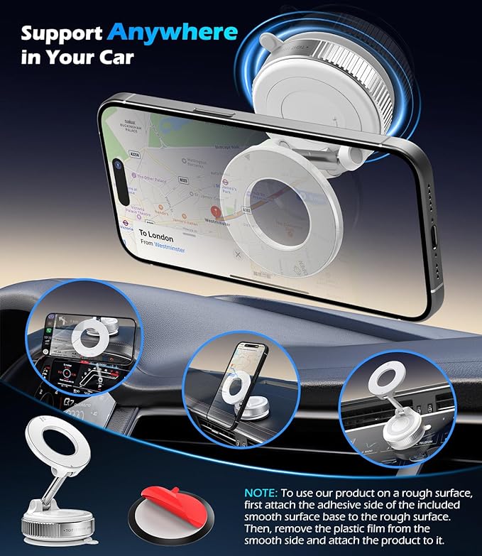ALAFLY Car Phone Mount for Magsafe, 360° Adjustable Magnetic Phone Holder Foldable Suction Cup Phone Mount for Car/Gym/Mirror Mount for iPhone/Android, White