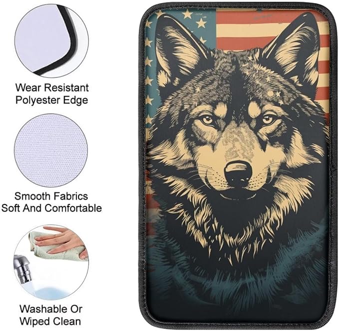Car Center Console Pad, Universal Waterproof Car Armrest Seat Box Cover, Car Interior Accessories for Most Vehicle SUV Truck Vintage American Flag Wolf Car Armrest Pad