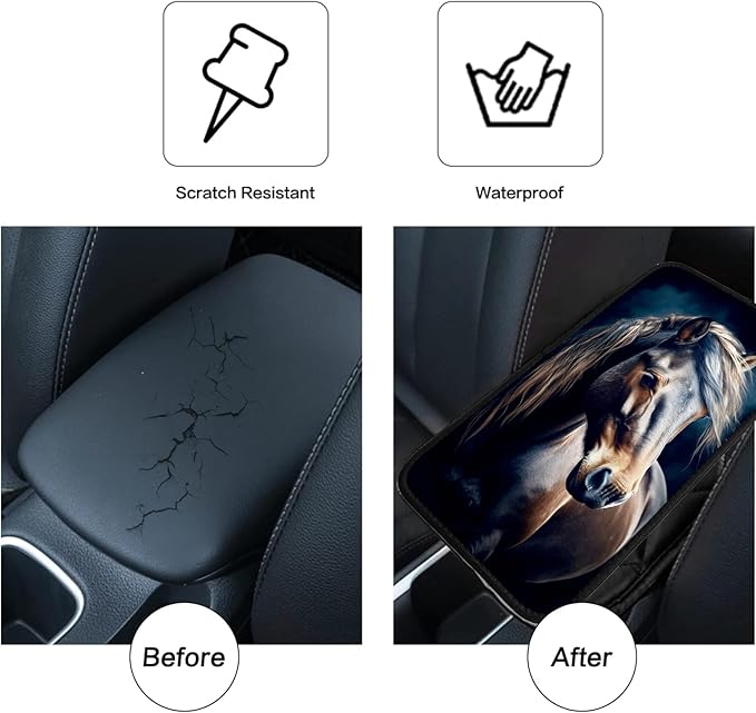 JANENFNA Car Armrest Cover Pads Universal Fashion Cute Auto Center Console Armrest Cover Pad with 2PCS Car Coasters Soft Waterproof Car Armrest Seat Protector for Women,Small Horse