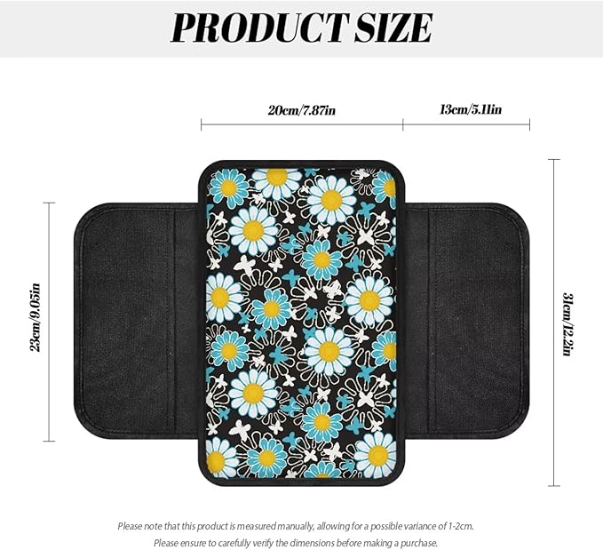 Dreaweet Car Armrest Cover Hippie Flower Car Accessories for Women Interior Universal Arm Rest for Truck SUV Center Console Pad Cover Protector Soft Armrest Seat Box with 2 Storage Pockets