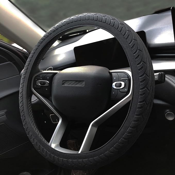 Universal Steering Wheel Cover：13.5 to 15 Inches Stretchable Silicone Anti Skid Steering Wheel Protector Fit for Most Car Models Including Round D Shape or Special Shape (Black)