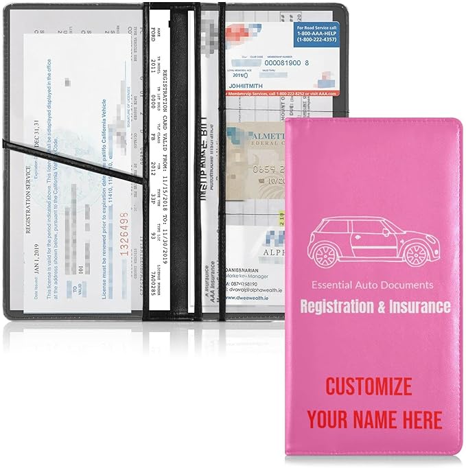 Caihoyu Custom Car Registration and Insurance Card Holder Personalized Leather Glove Box Organize Men Women Wallet Accessories Case for Cards, Essential Document Driver License Hot Pink