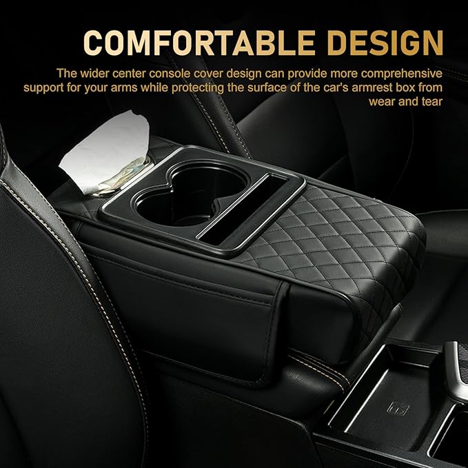 1 PC Car Center Console Cover Organizer, Car Armrest Box Height Increase Pad with 2 Cup Holders and 1 Tissue Box, Highly Elastic Sponge 3.15" H Armrest Booster Cushion for Cars (Black)