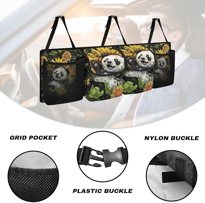 Car Trunk Organizer SUV with 3 Non-slip Strips, Back Hanging Car Storage Organizer with 2 Large Pockets & 2 Mesh Pockets, Auto Accessories Interior,Panda Sunflower