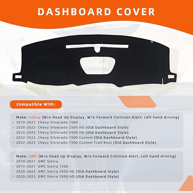 KEYOOG Dashboard Cover Dash Mat Fit for 2021-2019 Chevy Silverado 1500,G-MC Sierra 1500 (Without HUD Models),Car Dash Board Mat Anti-Glare Carpet,Non-Slip Pad Sunshield Protector (Black)