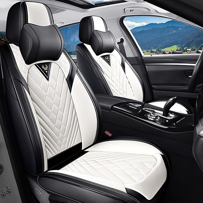 BYXN Car Seat Covers for Jeep Wrangler 2000-2026,Breathable Nappa Leather Car Seat Protector,Front Seat Cover with Pillow Automotive Seat Cushion with Airbag Compatible(Front Seats,Black-White)