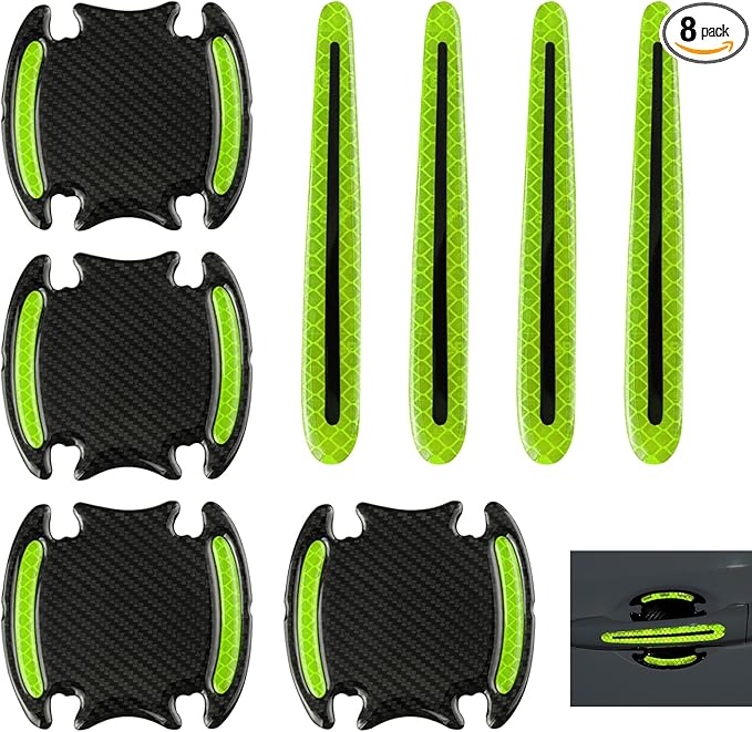 8PCS 3D Carbon Fiber Car Door Handle Protector Sticker, Universal Auto Door Handle Anti Scratch Cover Guard, Car Outdoor Safety Reflective Strips, Paint Guard Protective Films(Green)