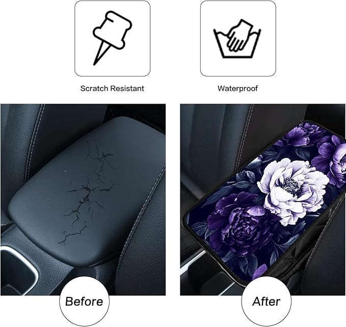 JANENFNA Car Armrest Cover Pads Universal Fashion Cute Auto Center Console Armrest Cover Pad with 2PCS Car Coasters Soft Waterproof Car Armrest Seat Protector for Women,Purple Peonies