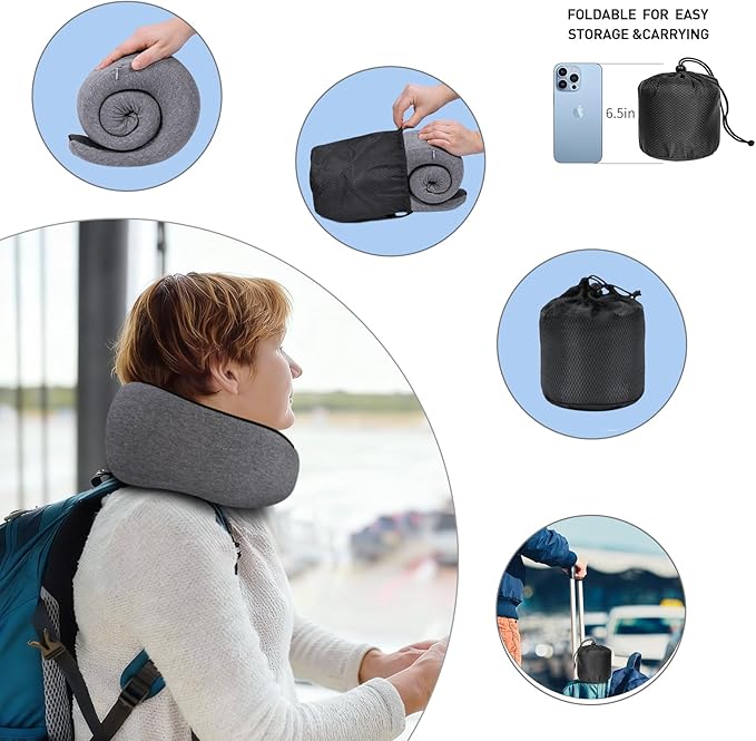 Dujuanus Neck Travel Pillows for Airplanes Memory Foam Neck Comfort Pillow Compact Ergonomic Design Sleeping Essentials for Long Flights Car Rides and Home Use (Grey)