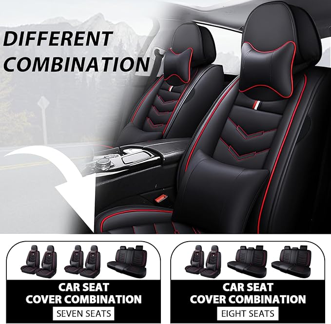 MVRVMV Car Seat Covers for Toyota Highlander 2013-2026, Waterproof & Wear-Resistant Front and Rear Seat Protectors with 2* Neck Pillow and 2* Lumbar Support (7 Seat Luxury, Black-Red