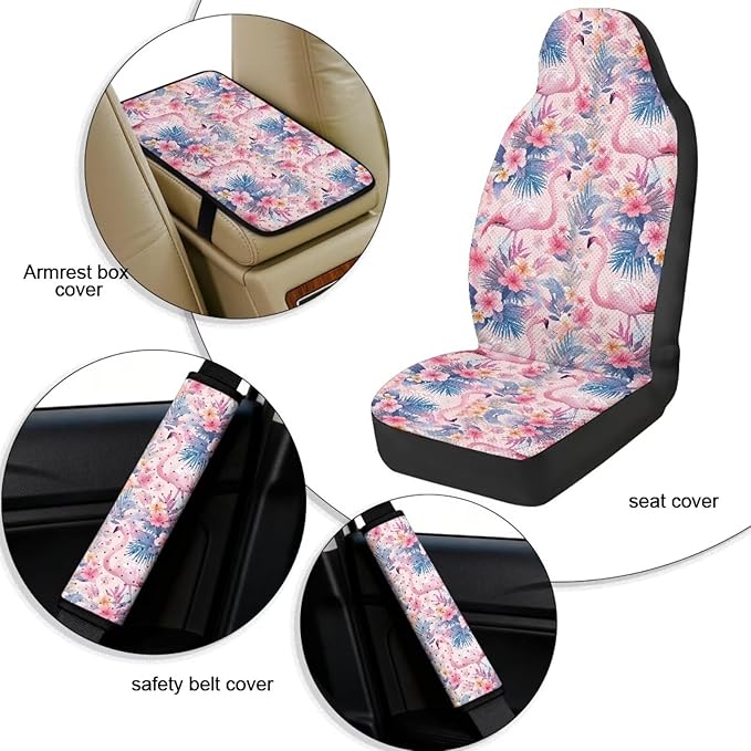 Qeluxign Car Seat Covers Full Set Universal Fit Flamingo Tropical Floral Auto Front Seat Covers and Seatbelt Pads Armrest Cushion Gifts for Women Protect Your Car Interior
