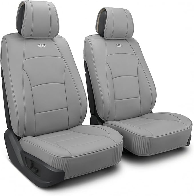 FH Group Front Set Faux Leather Seat Cushions for Low Back Seat, Universal Fit, Airbag Compatible Seat Cover for SUV, Sedan, Solid Gray