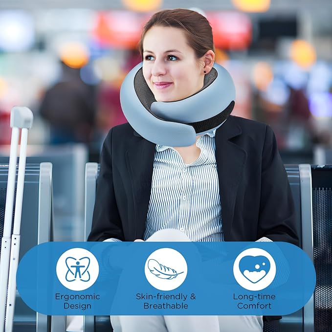 4litamz Travel Neck Pillows, 100% Memory Foam Filling, Travel Pillows for Airplanes, Compact and Ergonomic Design, Best for Sleeping Plane Train Travel Essentials (Light Blue)