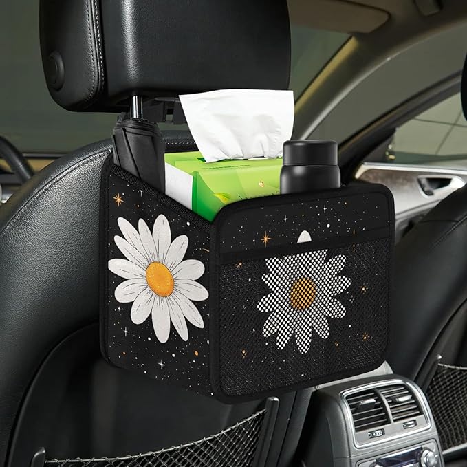 Vintage White Daisy Car Backseat Organizer PU Leather Black Truck Back Seat Trash Bag Universal Hanging Storage Box Travel Accessories Foldable