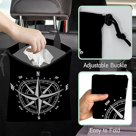 NHNXHWIA Compass Car Trash Bag,Hanging Drawstring Car Garbage Bag,Waterproof Canvas Car Back Seat Organizer with Adjustable Buckle,for Vehicles,SUVs,Camping,Road Trips