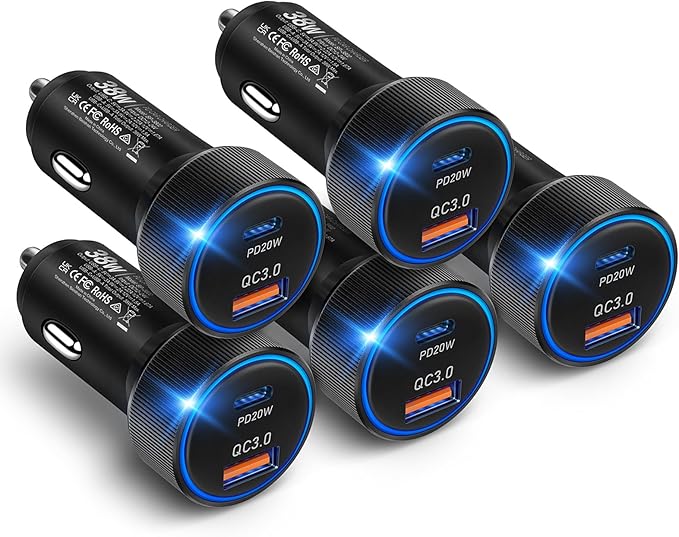 5Pack 38W USB C Car Charger Fast Charging, Cigarette Lighter Adapter, Boxeroo Multi Port PD/QC 3.0 Cargador para Carro, Dual USB-C & USB-A Car Outlet for iPhone 16/15/14/13/Pro Max, Samsung, Android