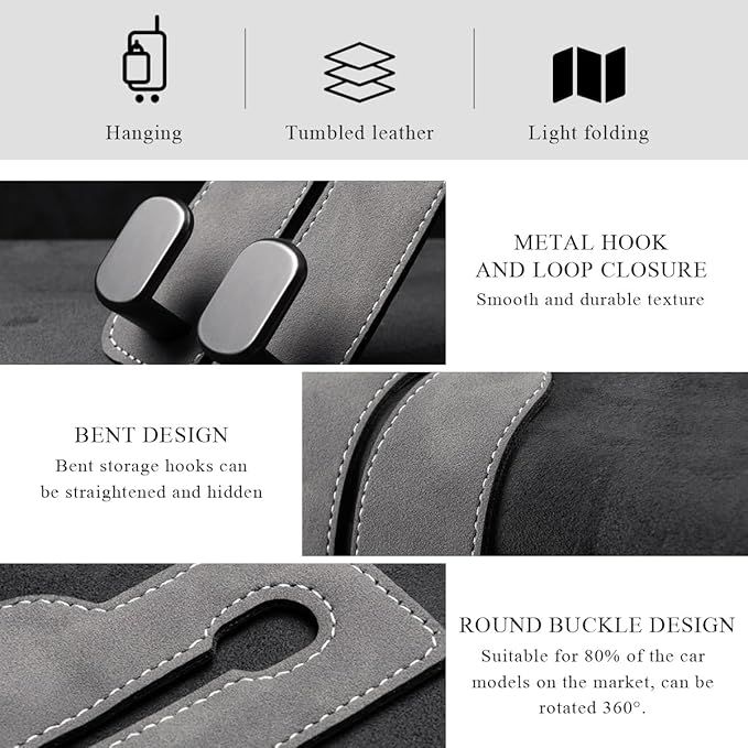 2 PCS Car Seat Headrest Hook, Back Seat Hanger with Double Flexible Leather Hooks, Soft Leather Double Headrest Metal Hooks Purse Handbag Organizer, Car Accessories (Brown)