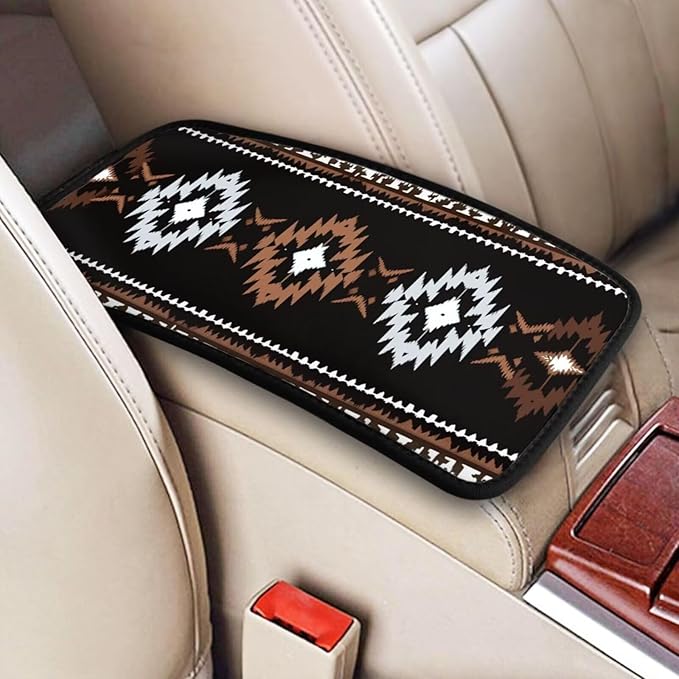 Black Aztec Car Center Console Cover Western Southwest Premium Armrest Covers Scratch & Wear Resistant Car Interior Accessories Native American Middle Console Lid Pad Protector
