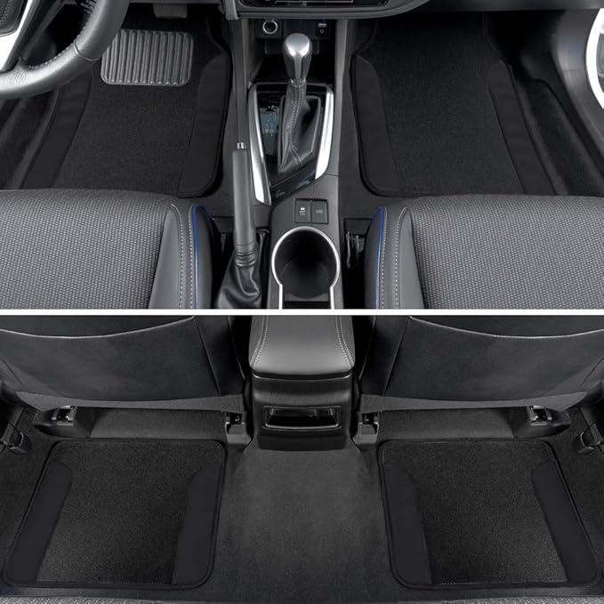 BDK Carpet Floor Mats for Cars, Two-Tone Carpet Car Mat with Faux Leather Accents, Automotive Floor Mat Sets with Built-in Heel Pad, Stylish Interior Car Accessories Black