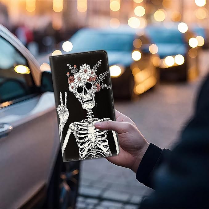 Car Registration and Insurance Card Holder for Women Men, Waterproof PU Leather Glove Box Car Organizer with Magnetic Shut, Vehicle Document Holder for Driver License, Skull Skeleton with Flowers