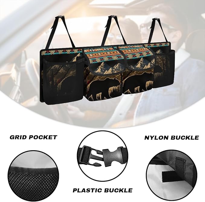 CLOHOMIN Southwest Aztec Bear Car Truck Organizer Cargo Storage Bag with 4 Pockets Backseat Hanging Organizer Car Accessories
