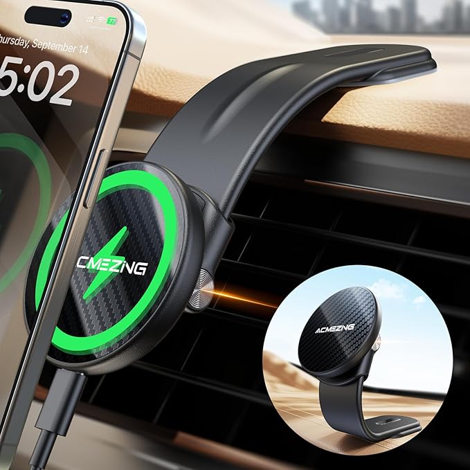 ACMEZING for 15W MagSafe Car Mount Charger, 360% Adjustable Aluminum Alloy Arm, Relocatable Car Phone Holder, Magnetic Wireless Fast Charging, Cell Phone Holder for All Car Models, Carbon Fiber