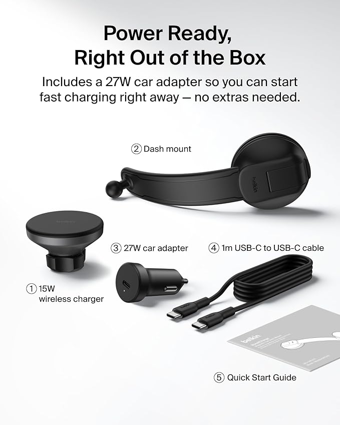 Belkin Wireless Car Charger, Magnetic Car Dash Mount w/ 1M USB C Cable, Qi2 MagSafe Compatible Fast Charging iPhone Charger for iPhone 17, Galaxy S25, Pixel 10, & More - Travel Accessories - Black