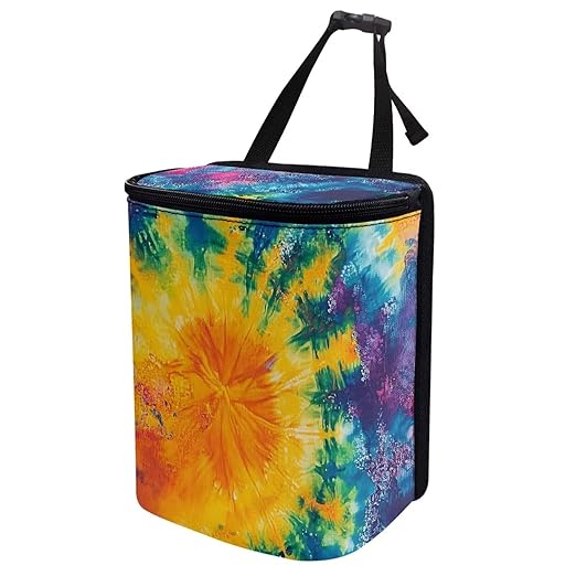 Colorful Tie Dye Print Car Accessories Back Seat Multipurpose Cars Trash Can with Lid, Leak Proof Waterproof Hanging Car Garbage Can for Road Trip Travel