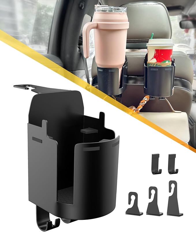 Headrest Cup Holder for Back Seat, Stable Spill-Resistant Drink Holder with Hooks for Bags, Fits 50oz Bottles, Compatible with Sedans, SUVs, and Trucks 1 Pack
