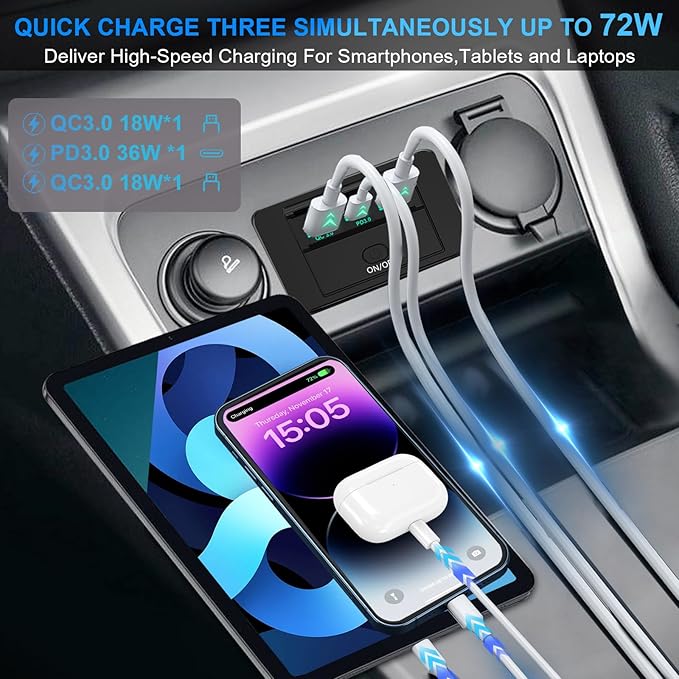 2PCS 3 Ports 12V RV USB Outlet 72W, Gibbab Dual USB QC3.0 36W & PD3.0 Type-C Quick Charge 36W Panel Wall Mount, Automotive Car Socket Charger Adapter for RV Marine Boat Bus ATV Motorcycle Truck