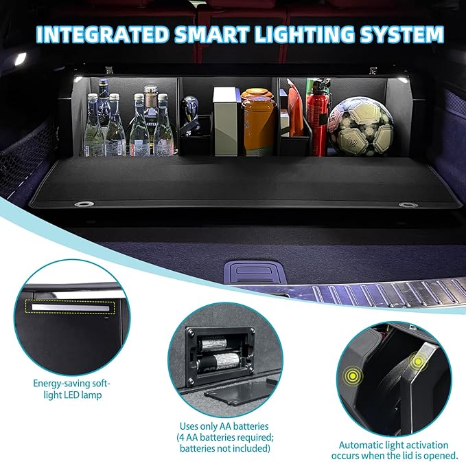 XCF Car Trunk Organizer, Leather Trunk Organizer with LED Light Car Storage Box with Lid and Push-pull Handle Organizer Trunk Storage for SUV, Trunk, Minivan (Black, 40.5 x 11.4 x 12.2in)
