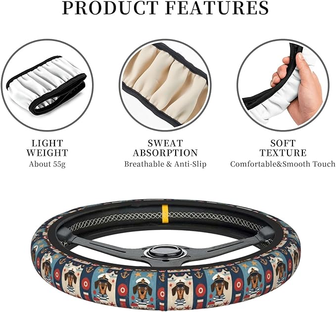 Dachshunds?Sailors Nautical Dog Pattern Car Steering Wheel Cover, 15 Inch Steering Wheel Cover Stylish Decor for Most Cars