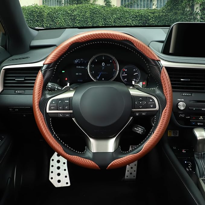 Amiss 3pcs Carbon Fiber Anti-Skid Steering Wheel Cover, Waterproof & Segmented Butterfly Design, Universal 99% Vehicle Wheel Cover Protector, Car Interior Accessories, Champagne