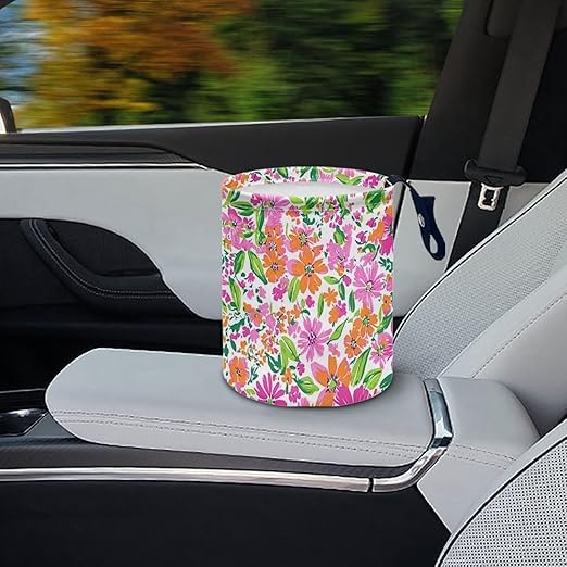 Colorful Floral Car Garbage Can Mini Car Trash Bin Hanging Headrest with Adjustable Buttons Multipurpose Car Organizer AutoAccessories