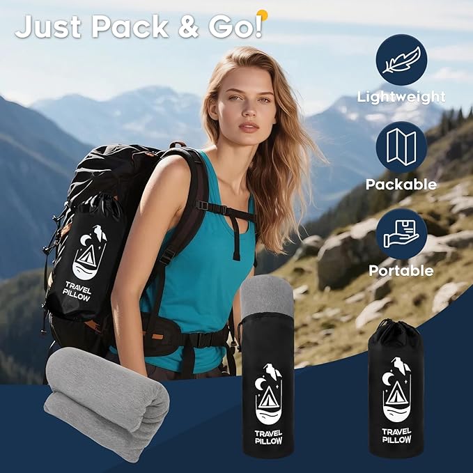 CushyOasis All-in-1 Camping Pillow Set - Shredded Memory Foam Small Travel Neck Pillow for Sleeping with Eye Mask, Earplugs & Washable Cover, Compact for Backpacking, Hiking, Airplane, Car, L Size