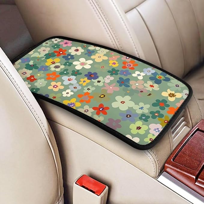 Daisy Floral Center Console Cover Wildflower Cute Comfortable Armrest Covers Protector Arm Rest Pad Car Accessories, Middle Console Cushion