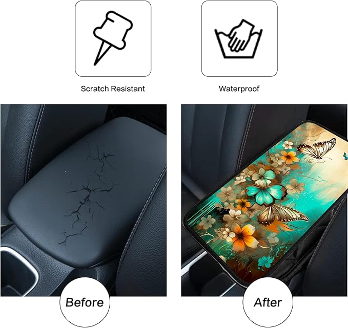 JANENFNA Car Armrest Cover Pads Universal Fashion Cute Auto Center Console Armrest Cover Pad with 2PCS Car Coasters Soft Waterproof Car Armrest Seat Protector for Women,Flowers Butterflies