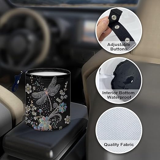 Dragonfly Trash Can for Car Car Garbage Can for Back Seat Leak Proof with Adjustable Buttons Car Accessories for Women Interior