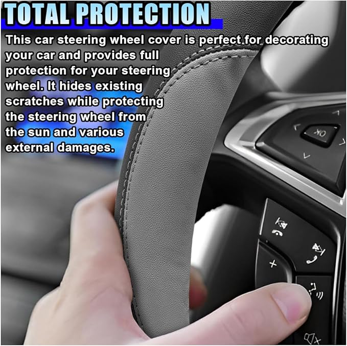 14.5"-15" Car Steering Wheel Cover, Microfiber Leather Breathable Wheel Cover, Anti-Slip Lining Steering Wheel Covers, Car Accessories Interior Decoration for Women Men (Grey)