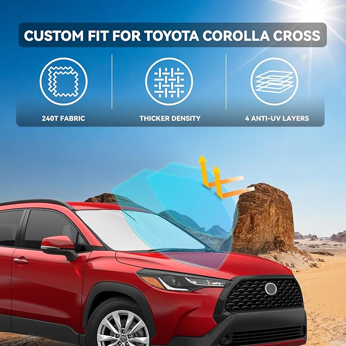 for Toyota Corolla Cross 2022-2025 2026 Windshield Sun Shade - 4 Layers Car Sunshades for Front Windows Shade Cover Custom Fit Corolla Cross Sun Visor 240T Retractable Blocks UV Rays Car Accessories