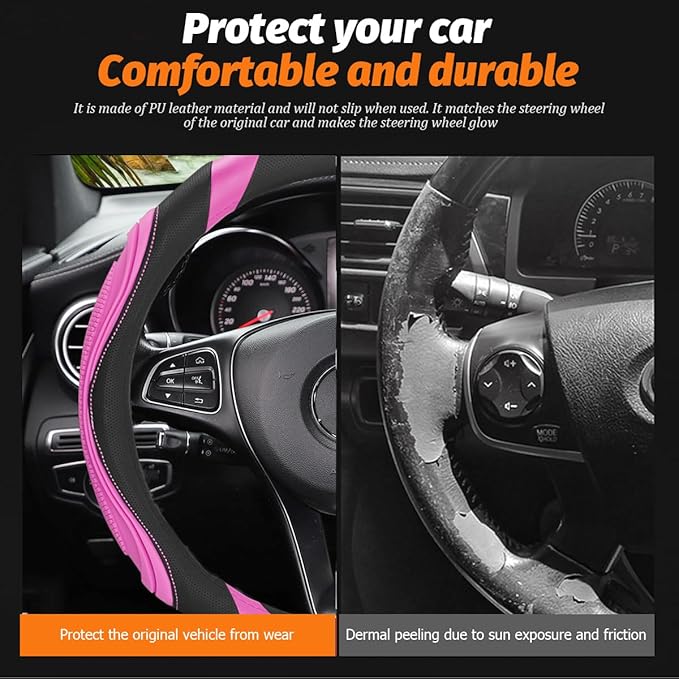 15 Inch Car Leather Steering Wheel Cover, Automotive Accessories Elastic Breathable Anti-Slip Soft Wheel Protector Fits Men and Women, Suitable for SUVs, Trucks, Vehicles and RVs (Purple)