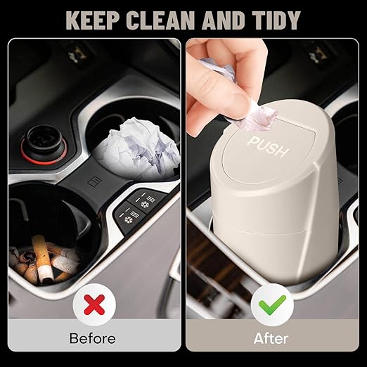 SGLRT Car Trash Can Bin with Lid - Car Garbage Can Cup Holder - Light Beige Mini Leakproof Vehicle Garbage Bin with 40pcs Trash Bags-Automotive Organizers and Storage for Front Back Seat Accessories