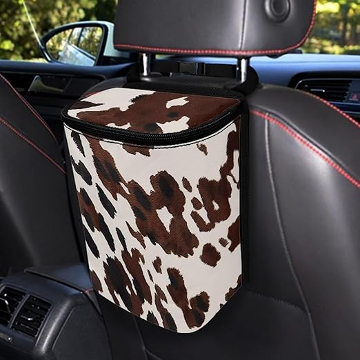 KEIAHUAN Brown Cow Car Trash Can with Zipper-Closed Lid for Back Seat Collapsible Portable Auto Garbage Bag Large Capacity Trashcan Storage Bag for Cars, Sedans, SUVs & Trucks