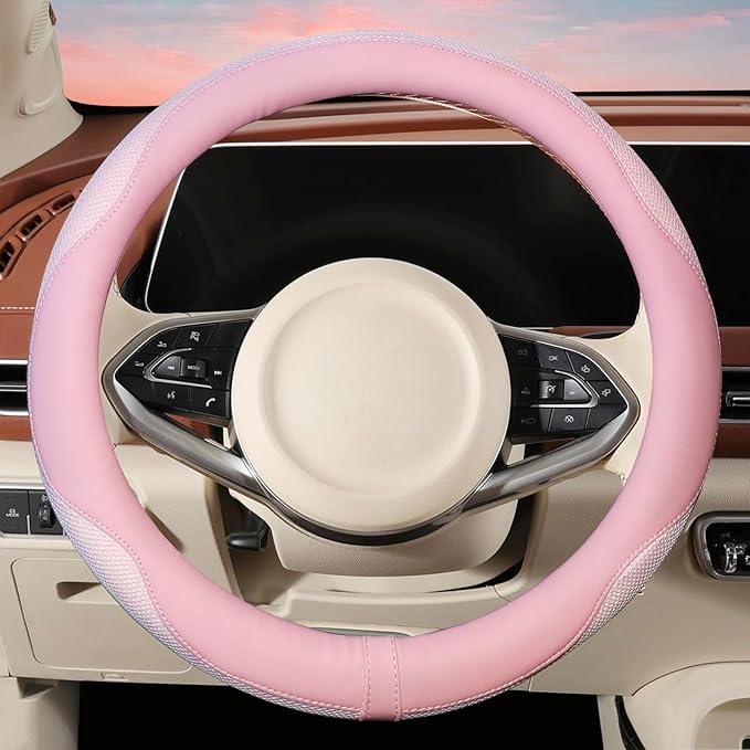 ZHOL Light Pink Steering Wheel Cover, Breathable Microfiber Leather Anti-Slip Cute Car Steering Wheel Cover for Women, Warm in Winter and Cool in Summer, 15 Inch