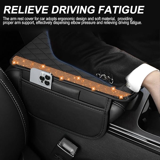 Bling Car Center Console Cover, Leather Car Arm Rest Cover Cushion with 2 Storage Bags, Universal Auto Armrest Protector Storage Box, Bling Accessories Interior for Most Vehicles (Orange Diamond)