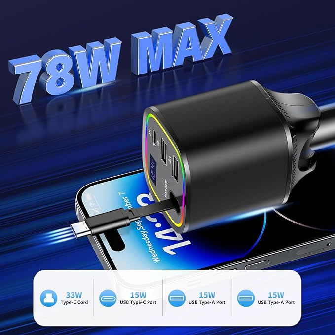 Retractable Car Charger, 4 in 1 Fast Car Charger 78W, with Type C, 2 USB-A Ports and 1 USB-C Port for Fast Charging, Compatible with iPhone 16/15/14/13/12/11, Galaxy, Pixel (Black)