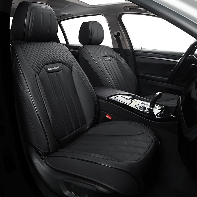 COVER EMPIRE Leather Seat Covers for Cars, 2Pcs Universal Front Automotive Seat Covers, Full Coverage Waterproof Car Seat Covers for Most Trucks, SUVs, Sedans, Luxury Breathable Auto Seat Cover, Black