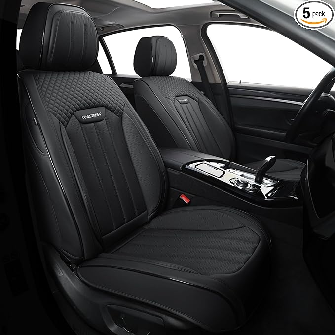 COVER EMPIRE Car Seat Covers Full Set, Leather Seat Cover for Cars, 5 Seats Waterproof Automotive Seat Covers Fit Toyota Rav4 Camry Corolla Cruze CRV Accord, Black