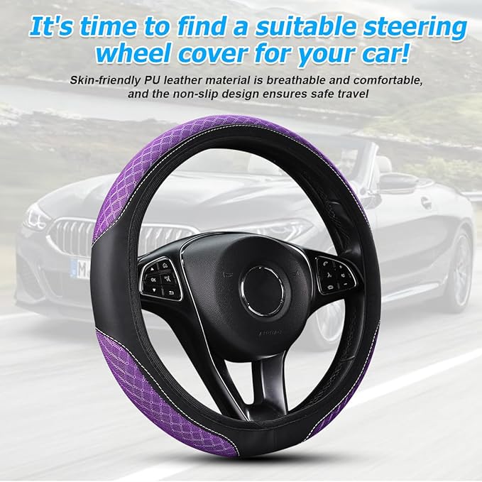 Elastic Car Steering Wheel Cover, 14.5-15 Inch Leather Non Slip Vehicle Steering Wheel Protecter Without Inner Ring, Auto Interior Protection Accessories, Universal Fit (Purple)